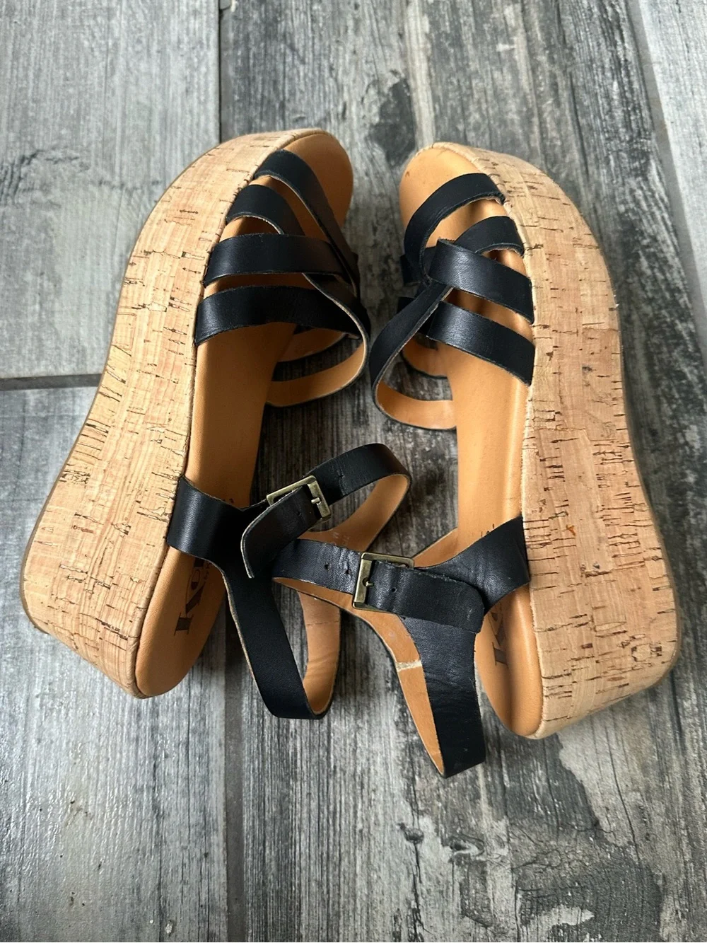 Kork-Ease Black Leather Wedge Sandals Adjustable Ankle Strap Size 7